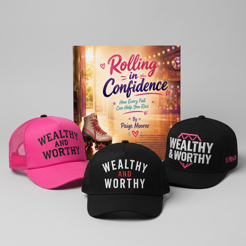 Kr8tivCo collection: Wealthy and Worthy pink trucker hat, black trucker hat, limited edition embroidered hat, and the Rolling in Confidence book